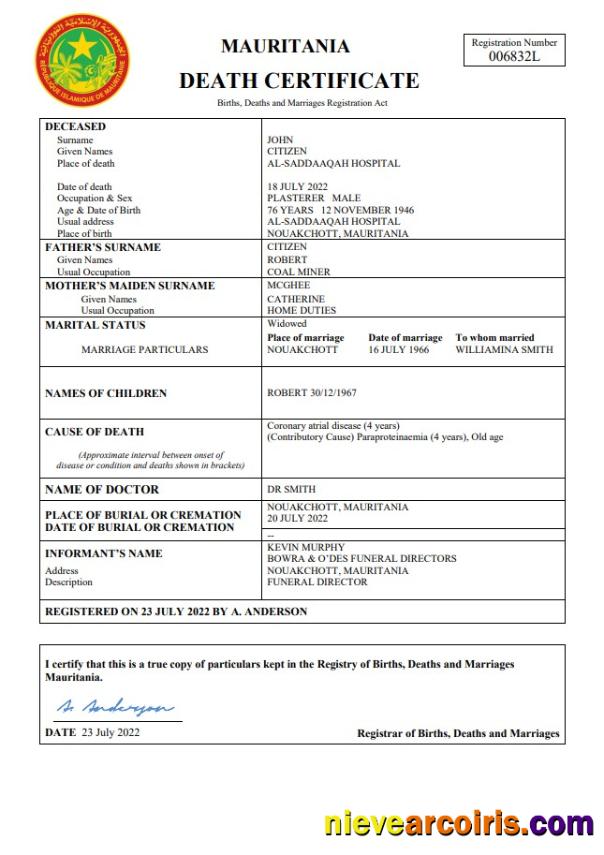 Mauritania vital record death certificate